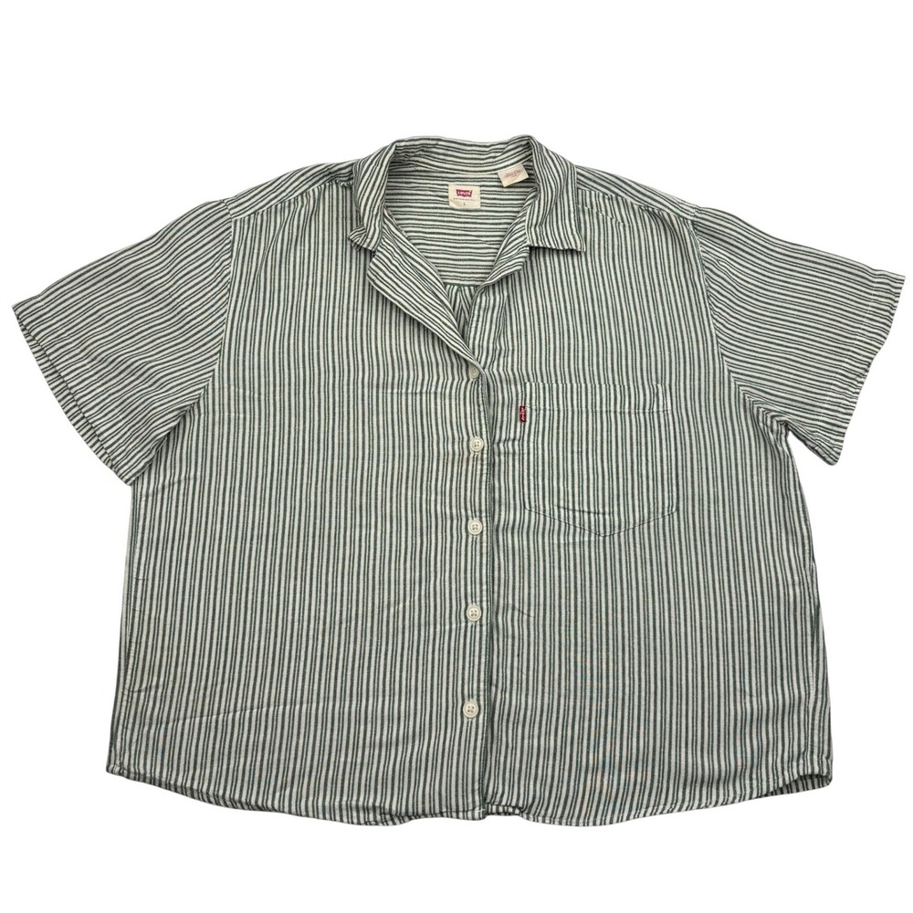Levis Womens Large Green White Stripe Linen Blend Short Sleeve Camp Shirt A4664